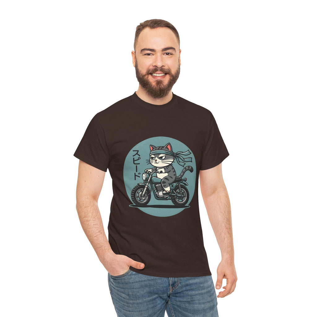 Cat Biker T‑Shirt — Retro Motorcycle Cat with Japanese “Speed” Text