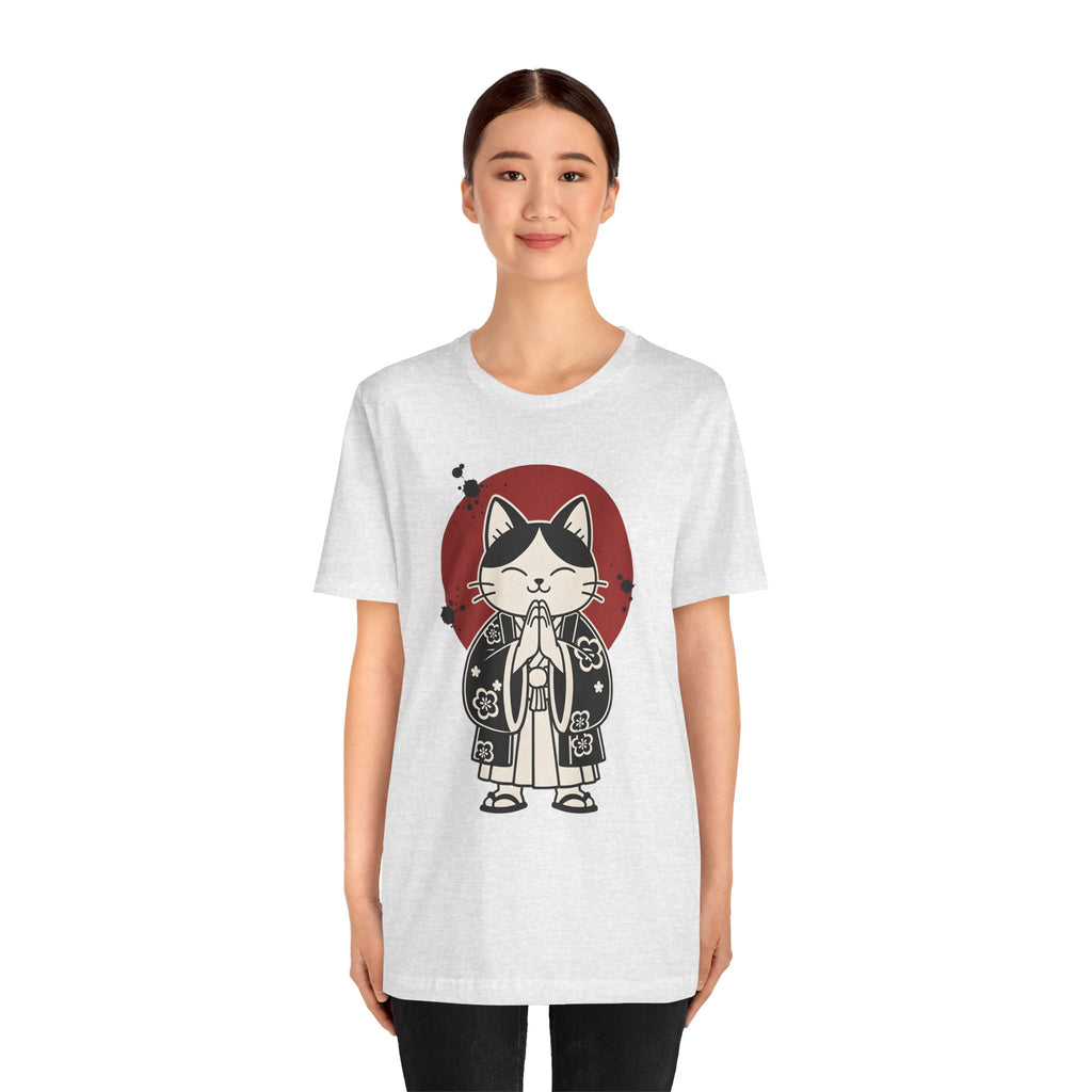 Samurai Cat T‑Shirt — Cute Praying Cat with Red Sun Graphic