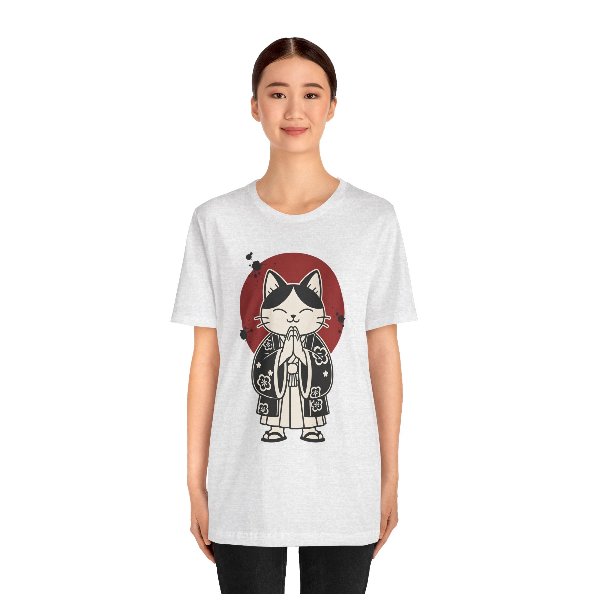Samurai Cat T‑Shirt — Cute Praying Cat with Red Sun Graphic