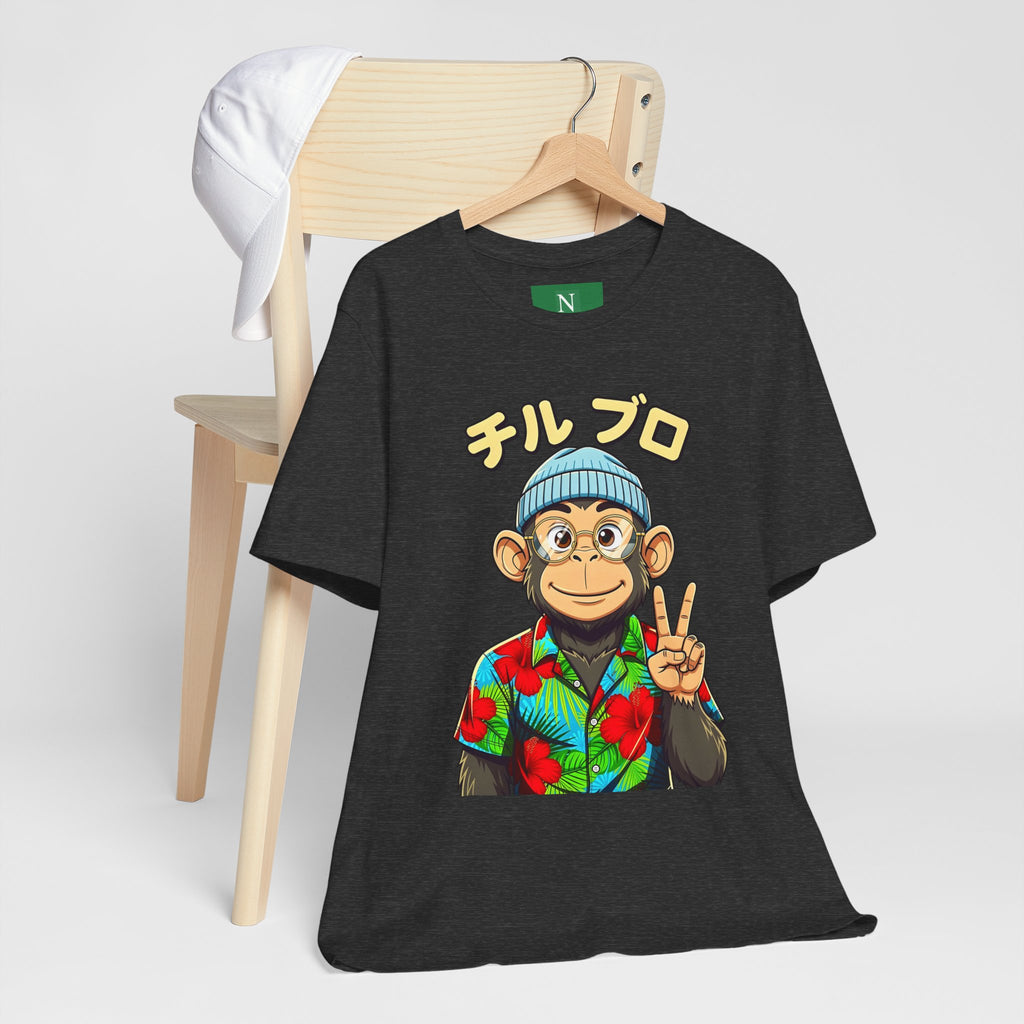 Monkey Peace Sign Tee — Hawaiian Shirt Chimp Graphic with Japanese Text