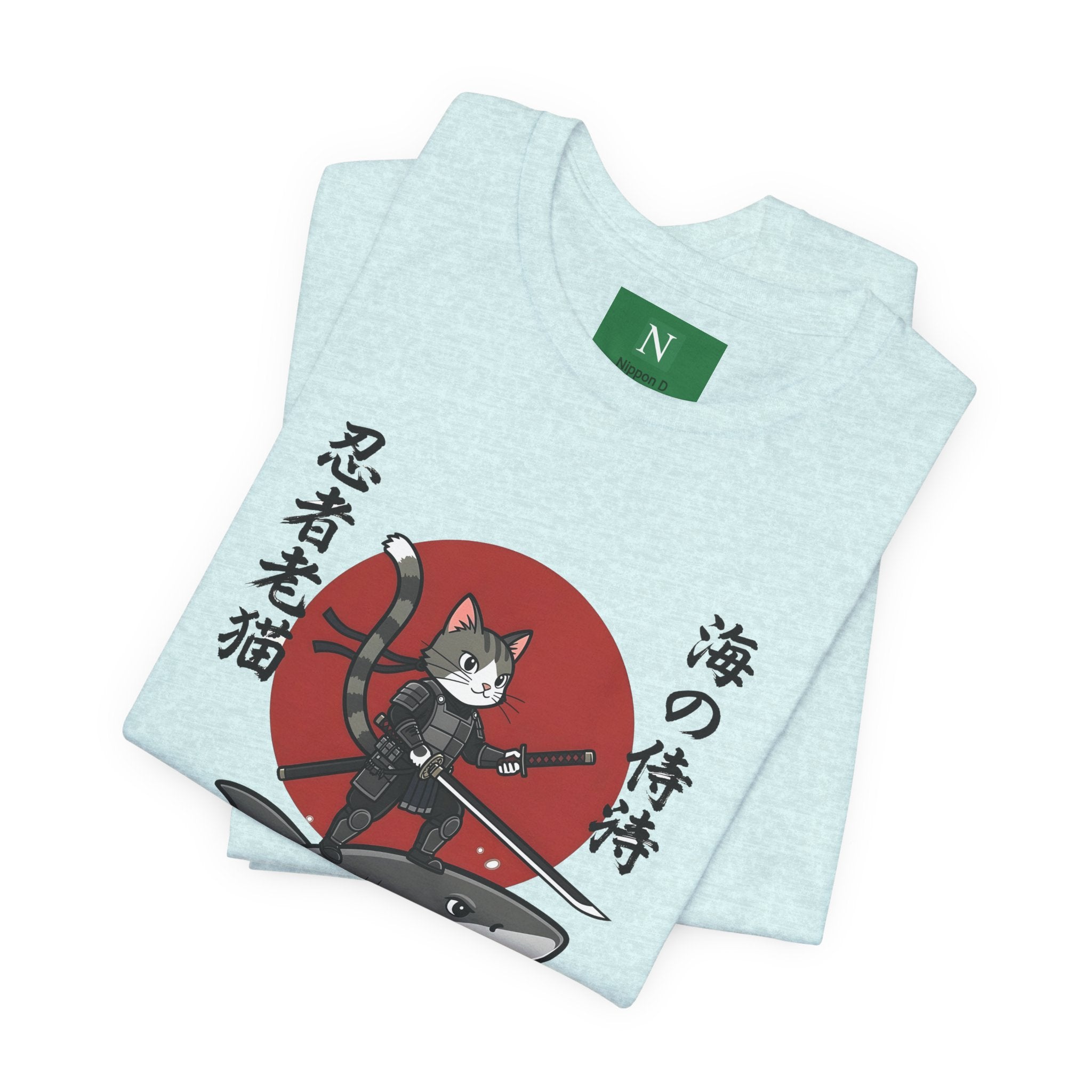 Ninja Cat Riding Shark T‑Shirt — Japanese Samurai Style Graphic Tee