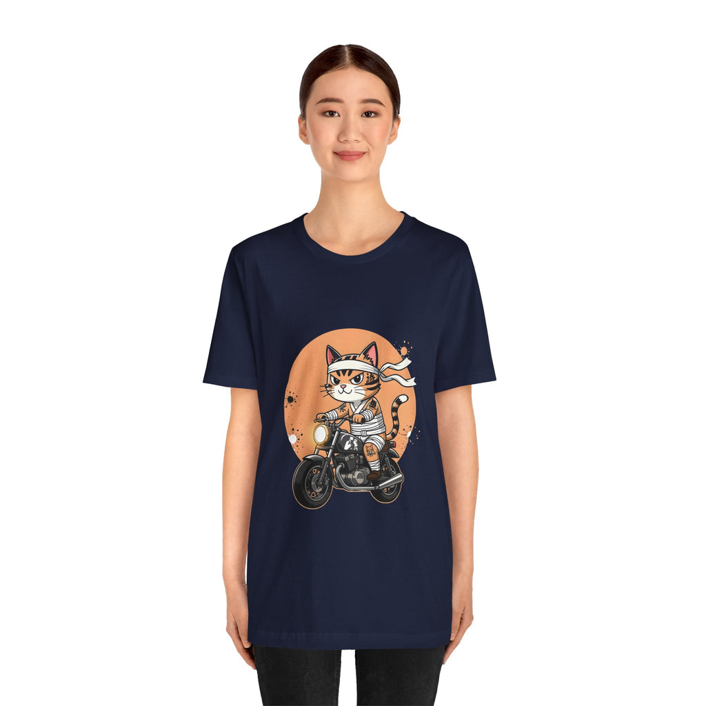 Retro Biker Cat T‑Shirt — Cute Motorcycle Cat Graphic Tee