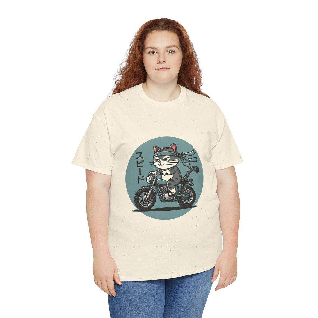 Cat Biker T‑Shirt — Retro Motorcycle Cat with Japanese “Speed” Text