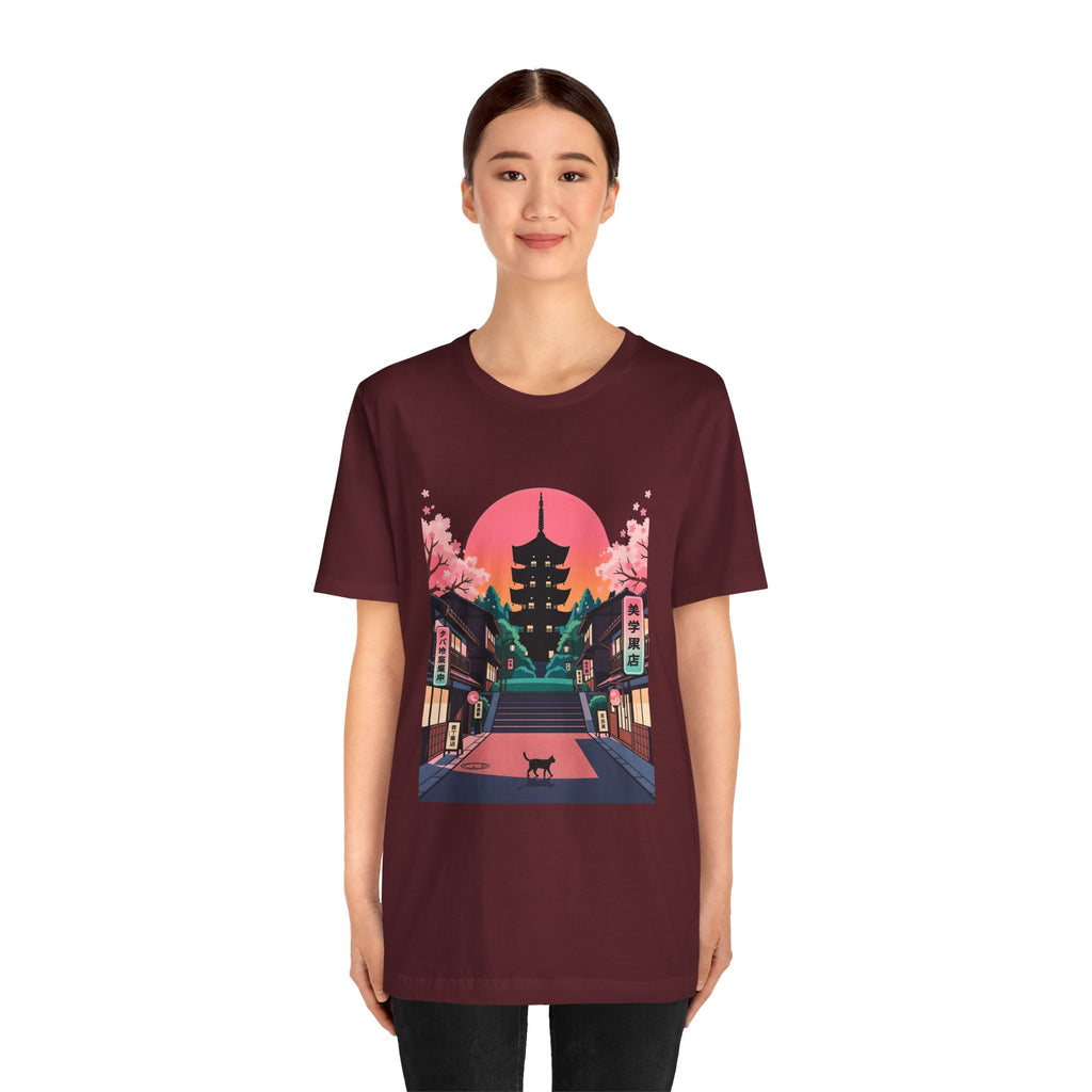 Japanese Pagoda Sunset Tee — Sakura Street Cat Graphic T-Shirt