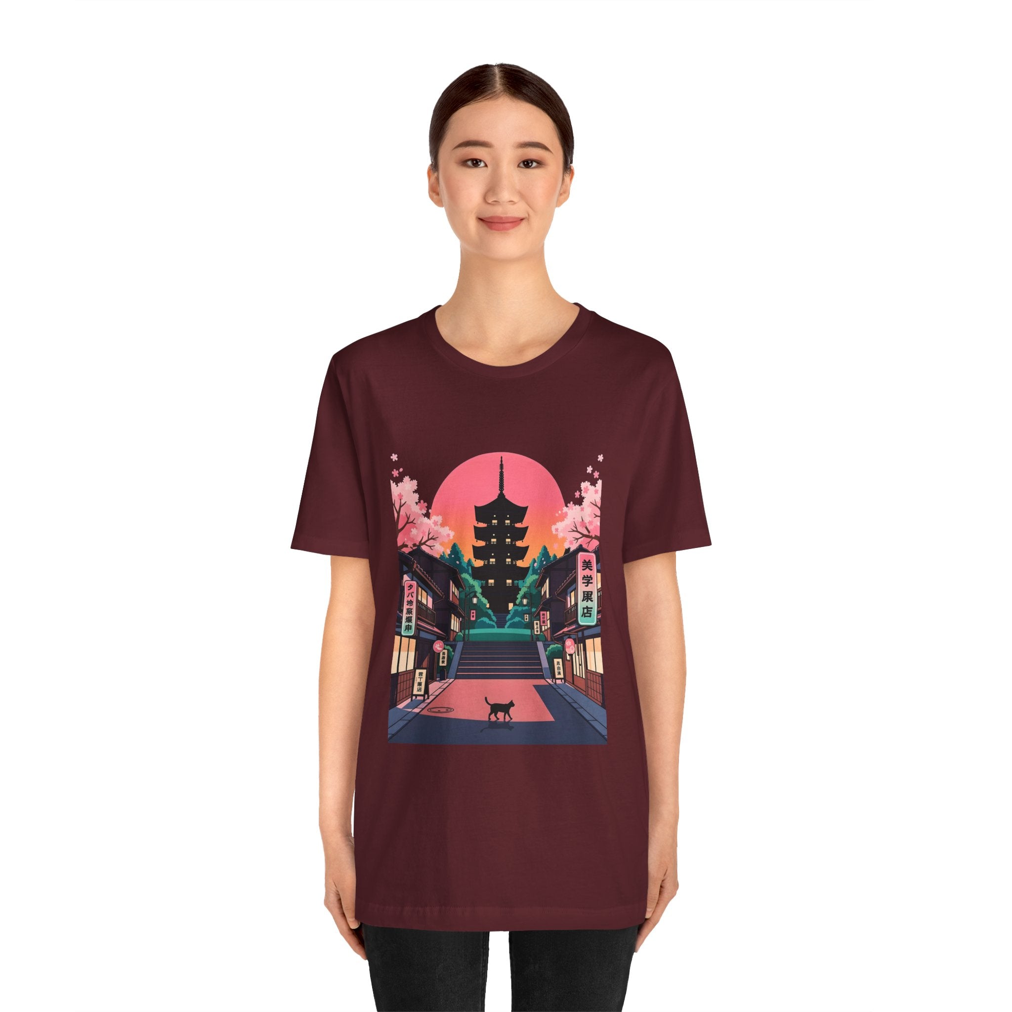 Japanese Pagoda Sunset Tee — Sakura Street Cat Graphic T-Shirt