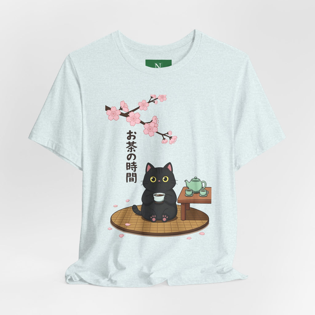Cat Tea Time T-Shirt — Kawaii Black Cat with Sakura and Teapot