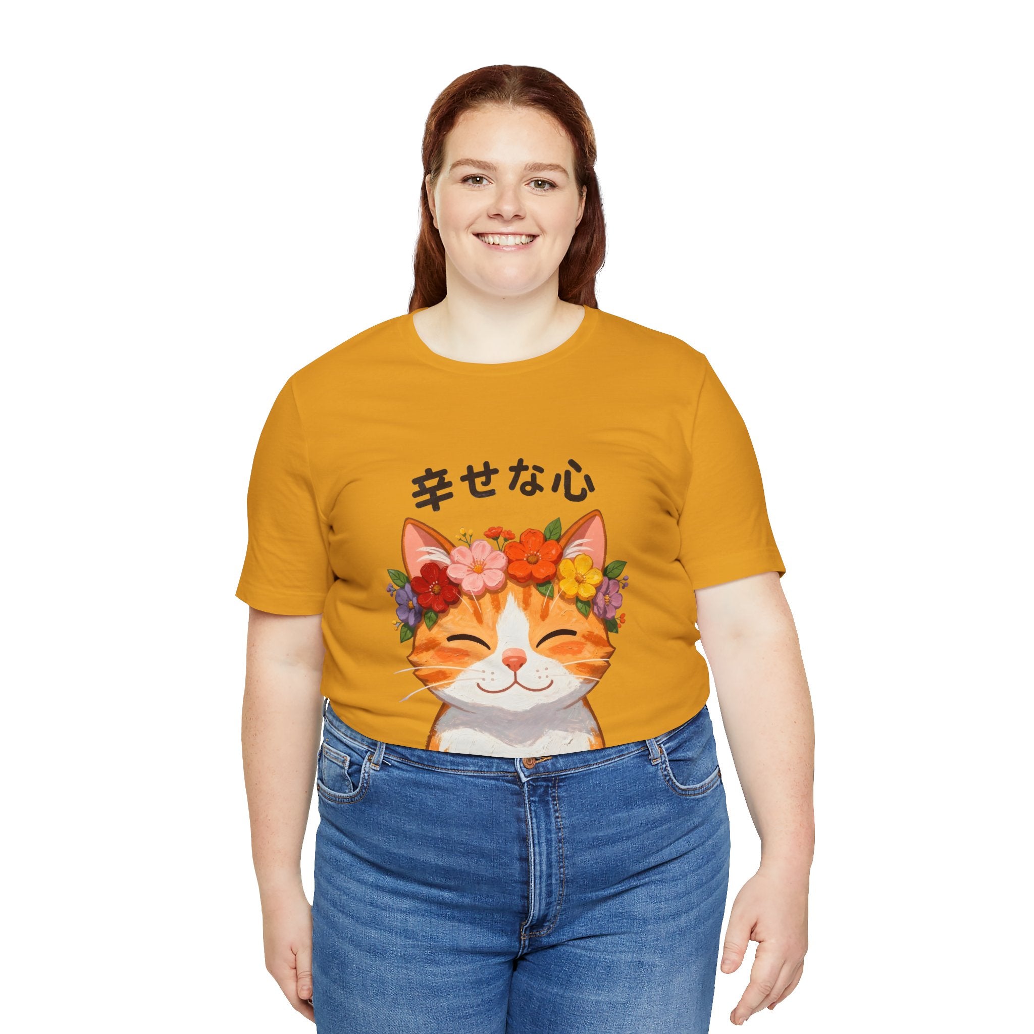 Happy Cat T-Shirt — Smiling Ginger Cat with Flower Crown (Japanese “幸せな心”)