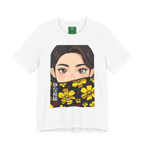 Anime Girl Floral Face Mask T‑Shirt — "静な視線" Graphic Tee