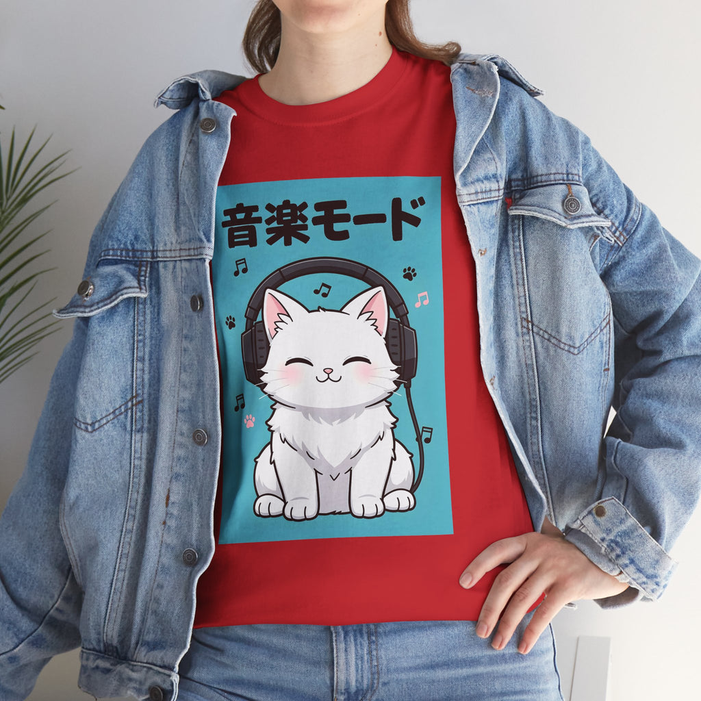 Music Mode Cat T-Shirt — Cute Headphone Kitten Tee (Japanese Text)