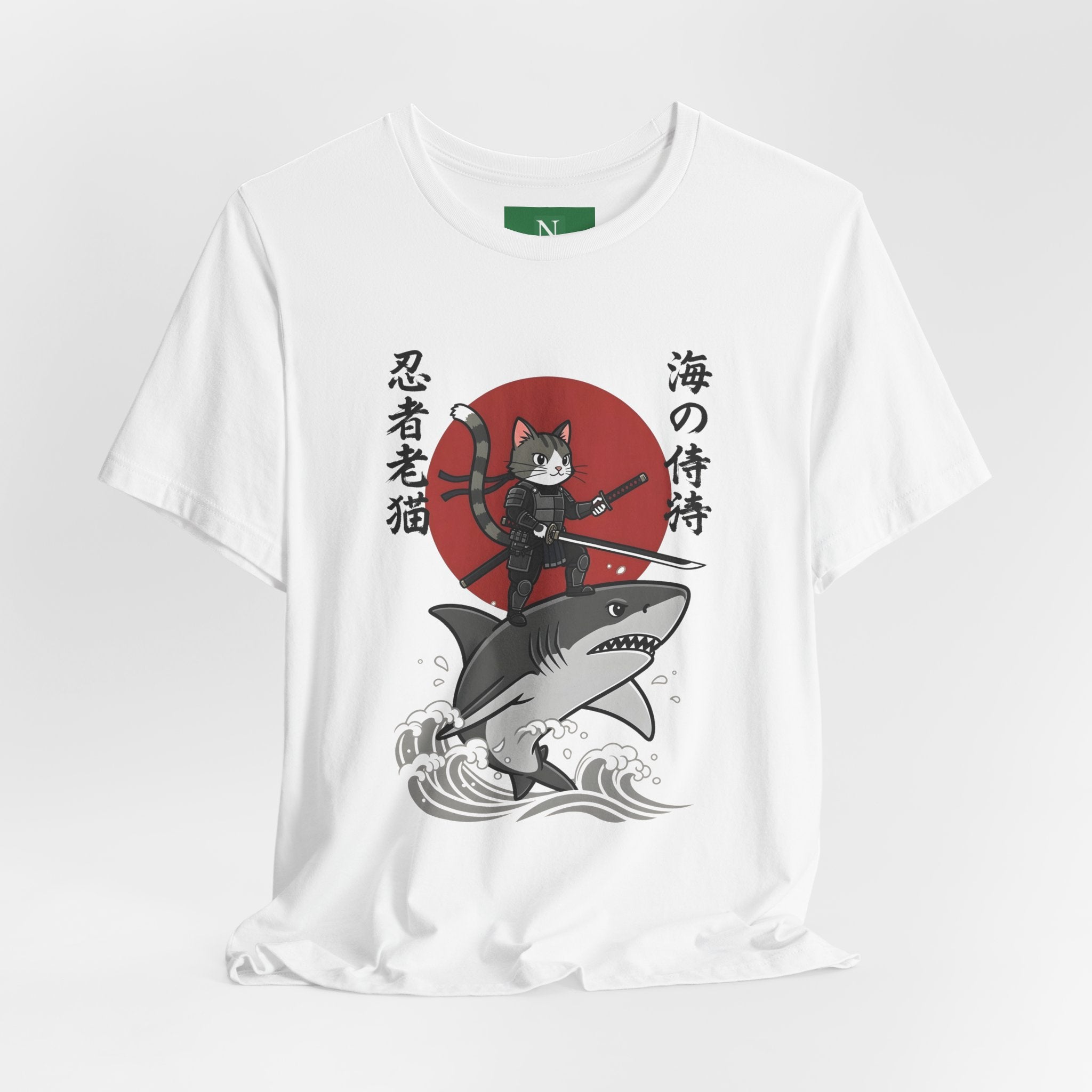 Ninja Cat Riding Shark T‑Shirt — Japanese Samurai Style Graphic Tee